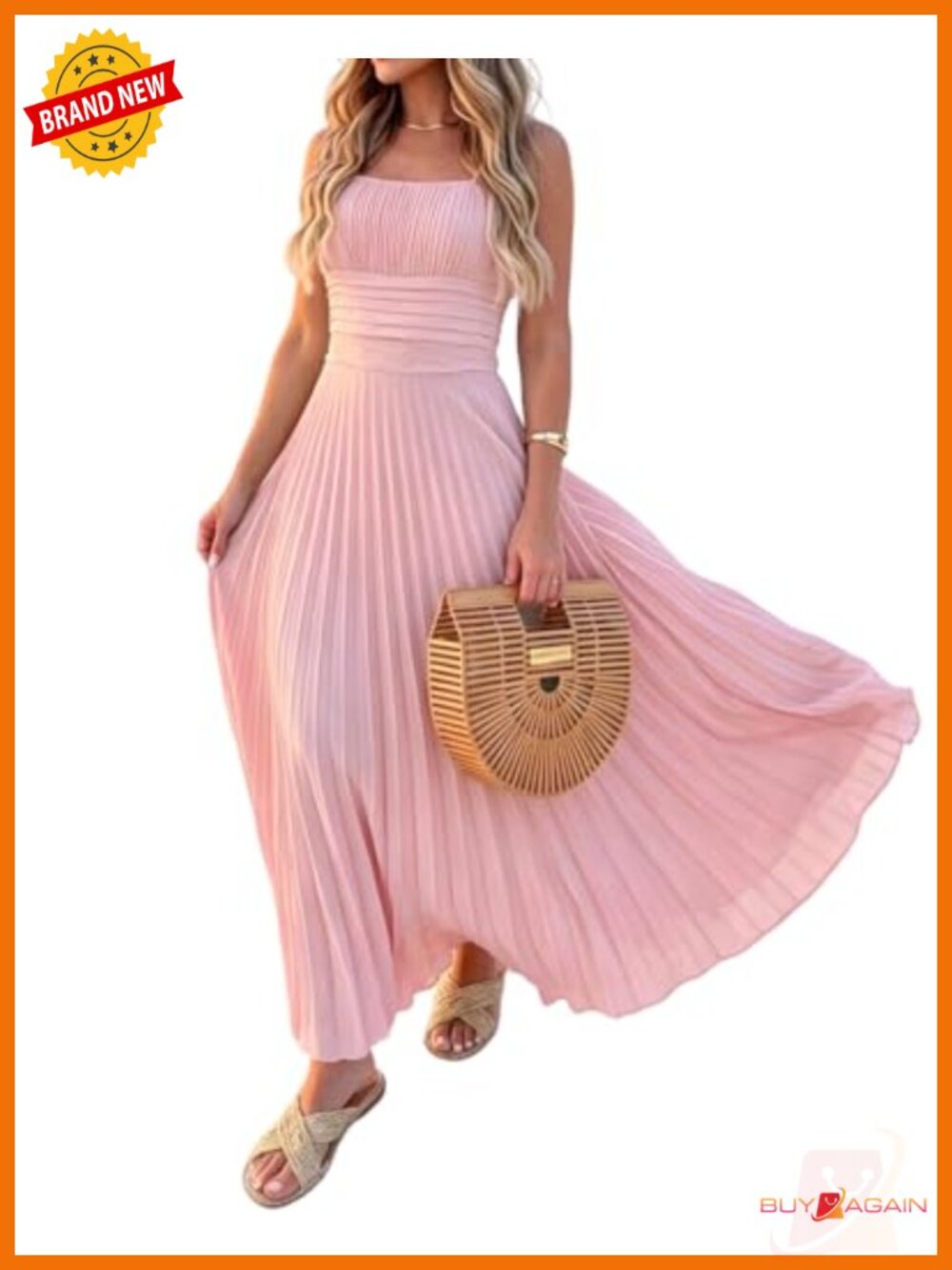 CHICME Women's Square Neck Pleated Maxi Dress Summer Sleeveless
